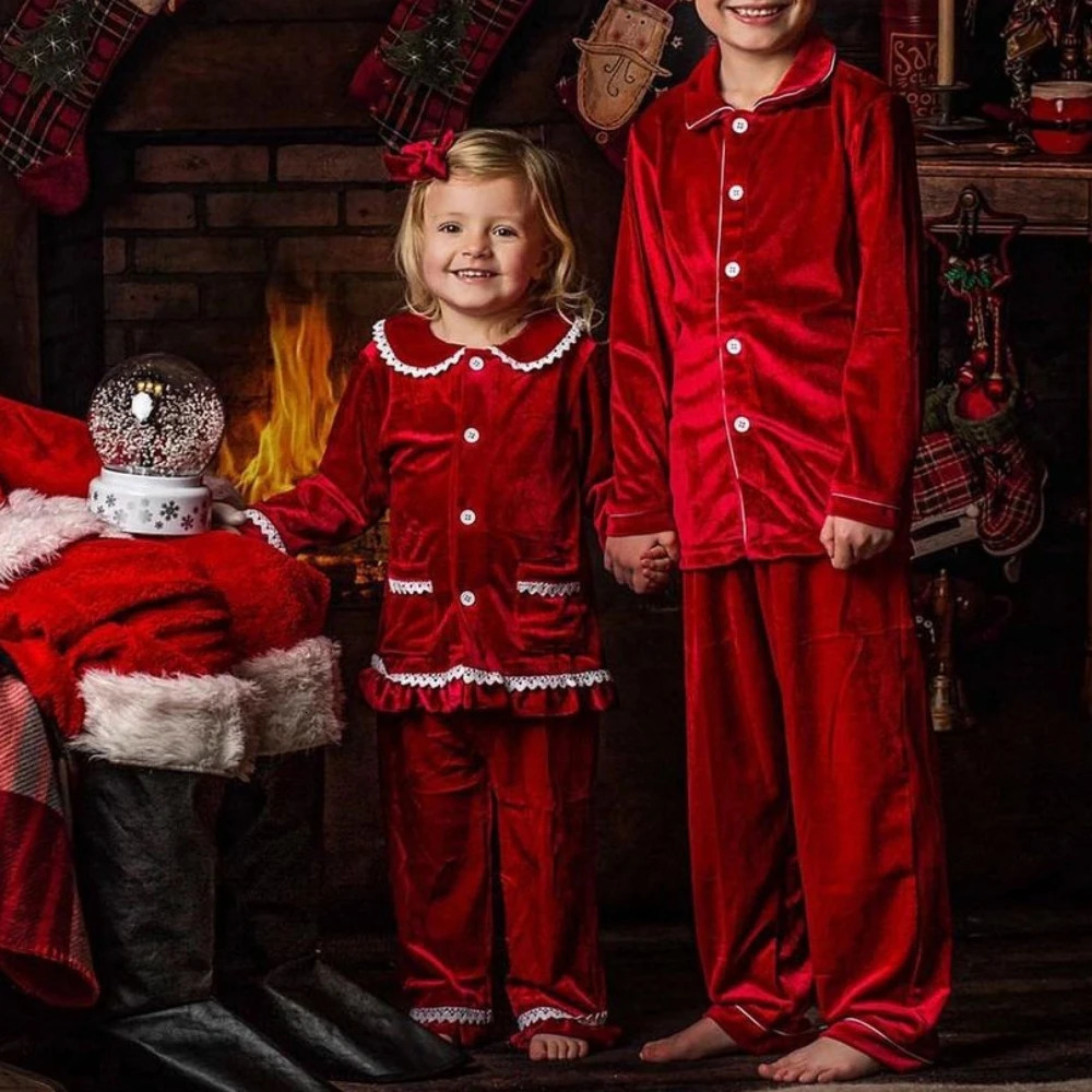 Christmas Pyjamas Children Velvet Warm Clothes Family Party Long Sleeve Boy Girl Dress Xmas Set Kid SleepwearPants Costume 251023