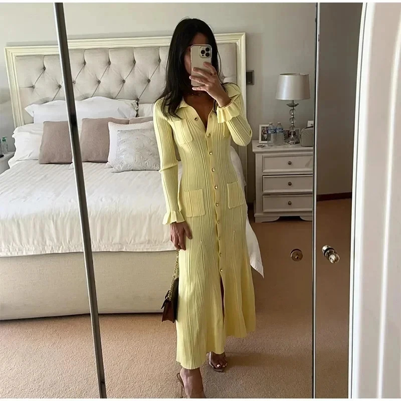 Winter Knitted Dress Women 2025 Long Sleelve Ruffles Single Breasted Long Dresses Female Party Fashion Sweater Vestidos 251023