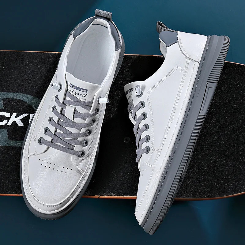 Shoes for Men Genuine Leather Casual Shoes White Flat Skateboard Shoes Youth Fashion Slipon Sneaker 251023