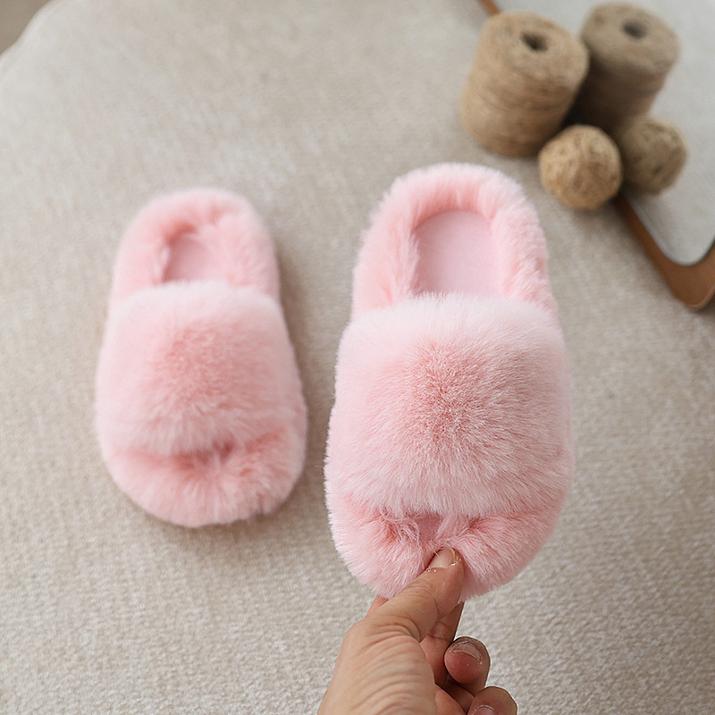 Kids Winter Fluffy Slippers Girl House Home Fur Slippers For Girls Boys Toddler Children Flat Platform Cozy Fuzzy Indoor Slippers Slides Sizes 24 - 35