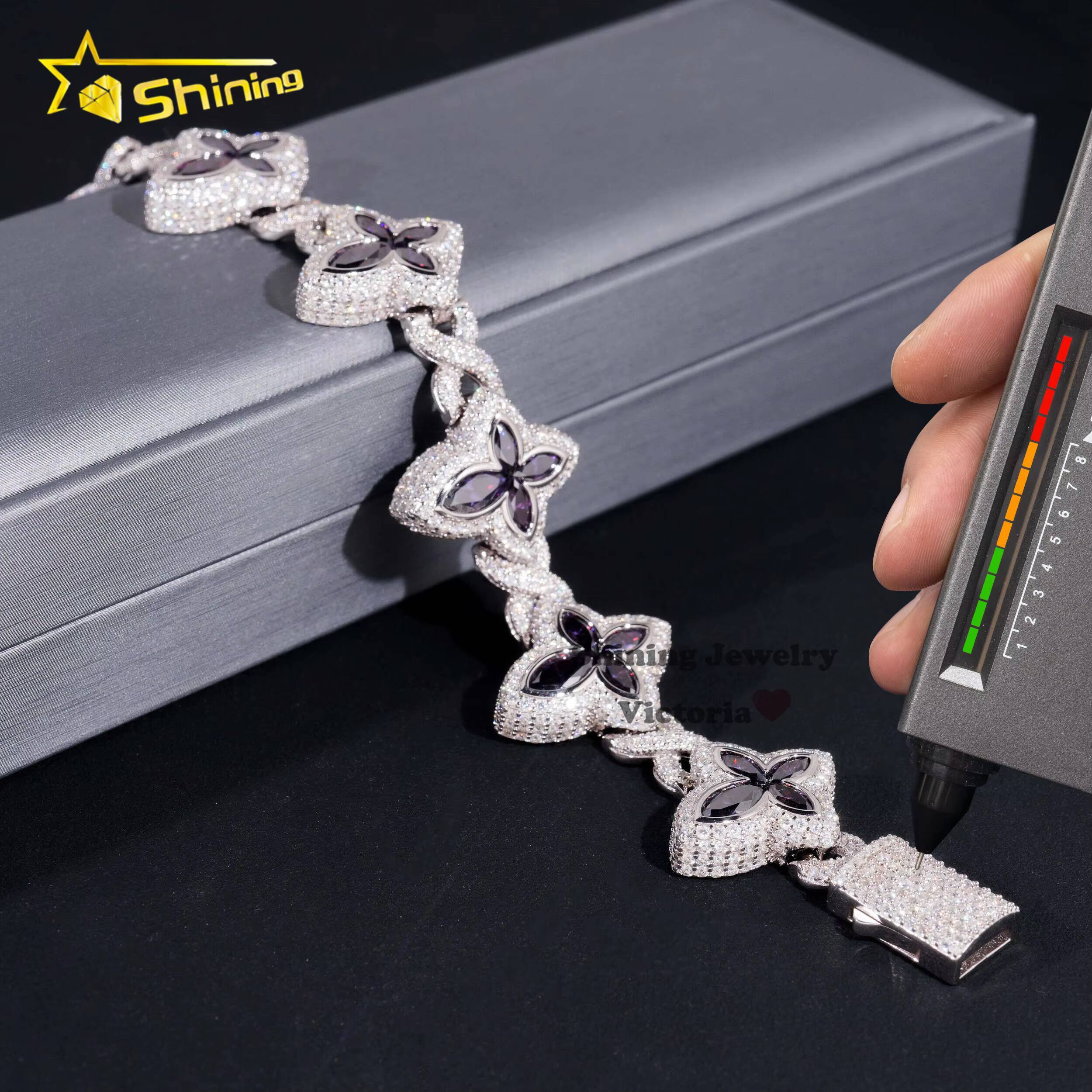 Fine Jewelry 925 Sterling Silver Colored Moissanite Drop Water Pear Shape Black Diamond Clover Hip Hop Infinity Cuban Bracelet