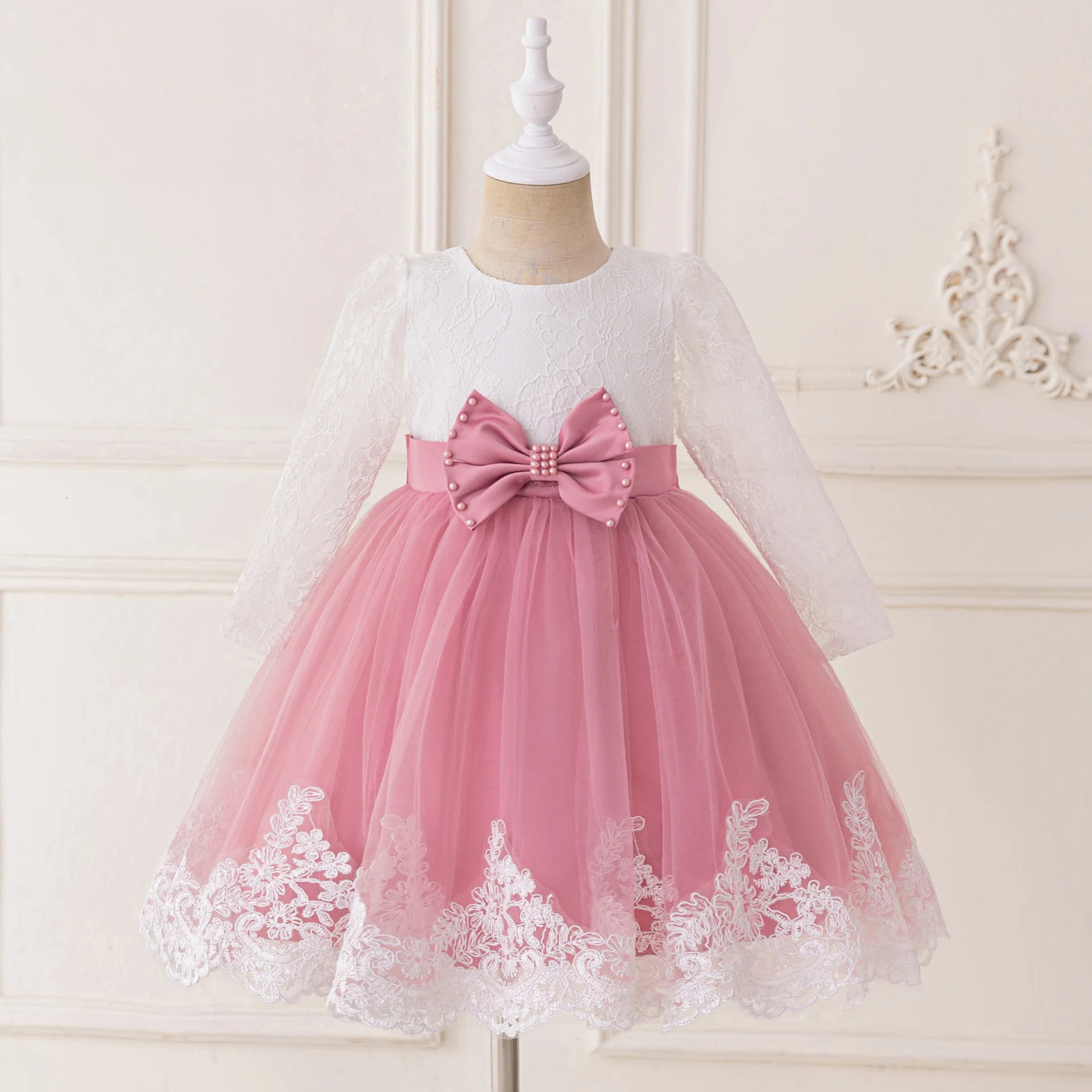 Elegant Bow Bridesmaid Party Girls Dress Long Sleeve Lace Baptism Princess Birthday Prom Dress Girl Wedding Pageant Kids Costume 251023