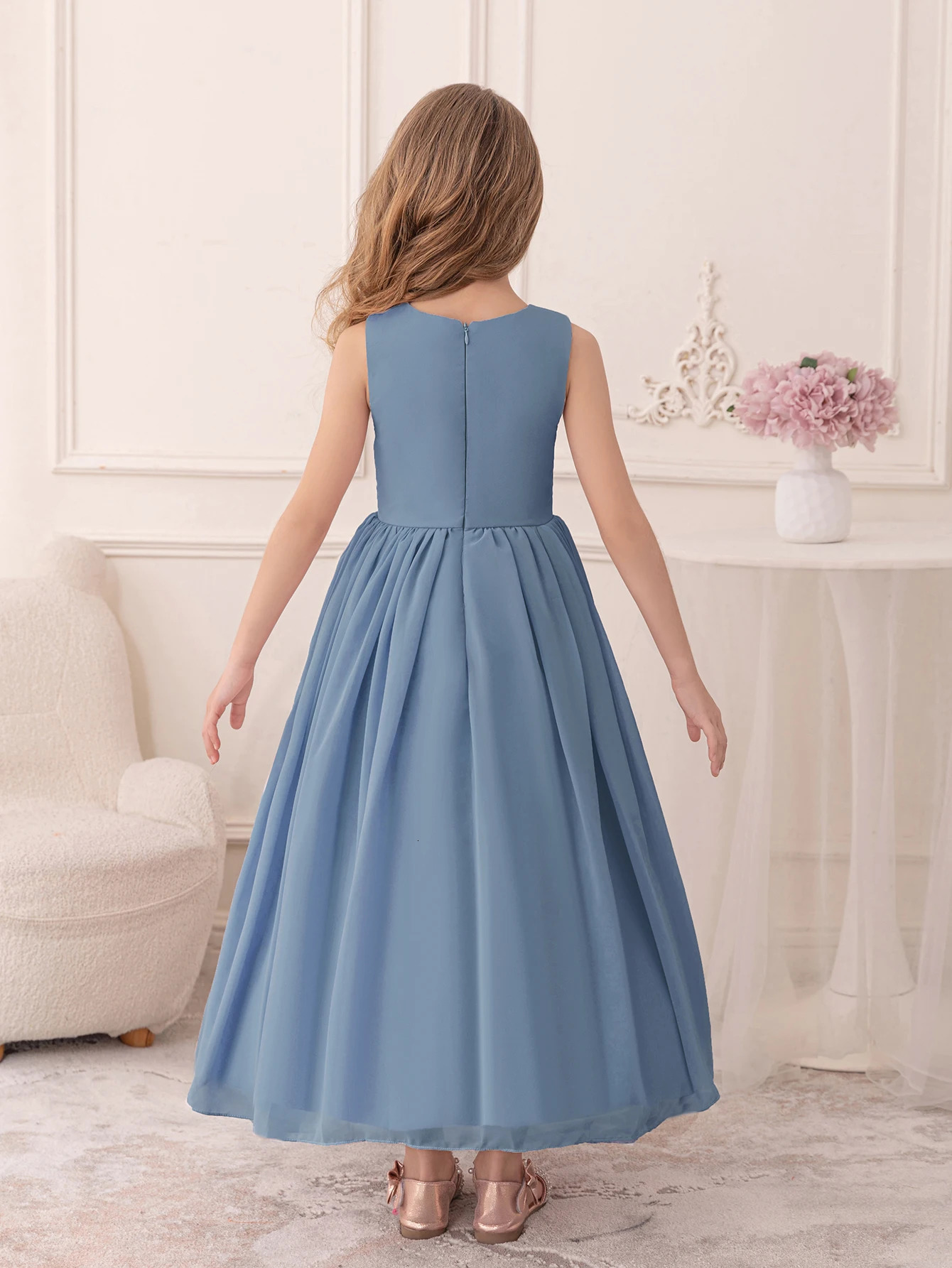 Teenage Gray blue Chiffon Evening Gown Suitable for Childrens Wedding Ceremonies Girl Princess Dress 251023
