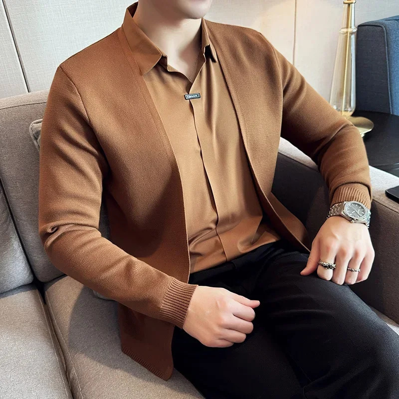 Autumn 2 Pieces Knitted Cardigan Traceless Shirt Collar Spliced Casual Pullovers Fashion Men Slim Sweater Coats 4XLM 251020