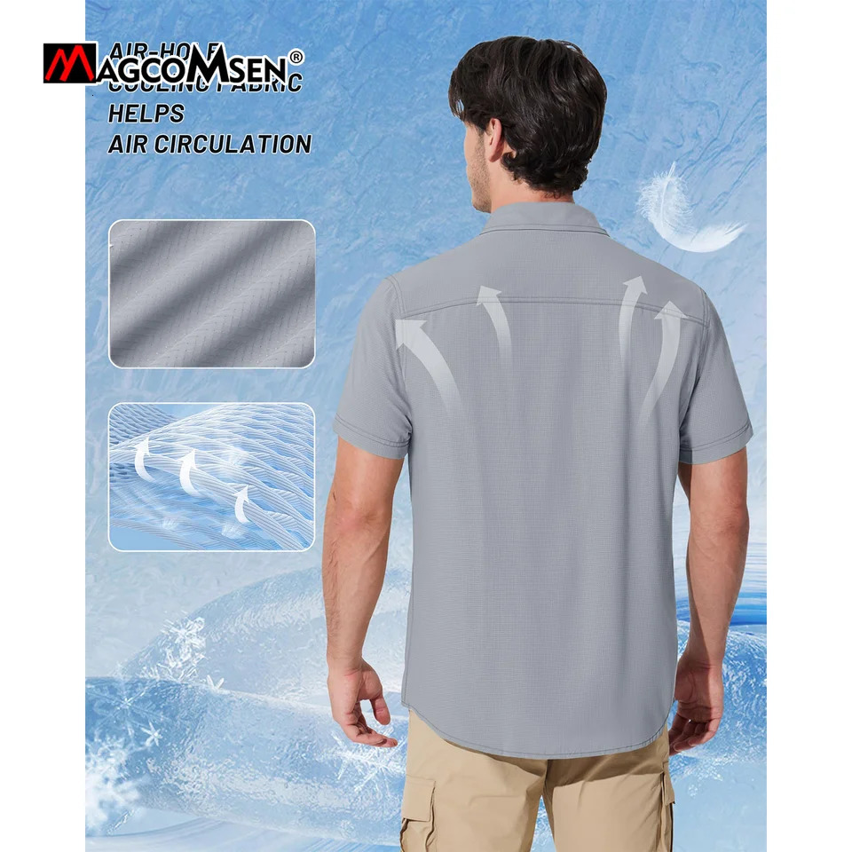 MAGCOMSEN Mesh Breathable Shirt Mens Quick Dry Button Short Sleeves UPF 50 Sun Protection Hiking Fishing Work Cargo Shirts 251023
