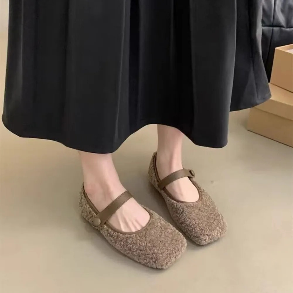 Square Toe Cosy Lambswool Ballet Flats Woman Warm Teddy Fur Mary Jane Shoes Ladies Elegant Fluffy Plush Loafers 251023