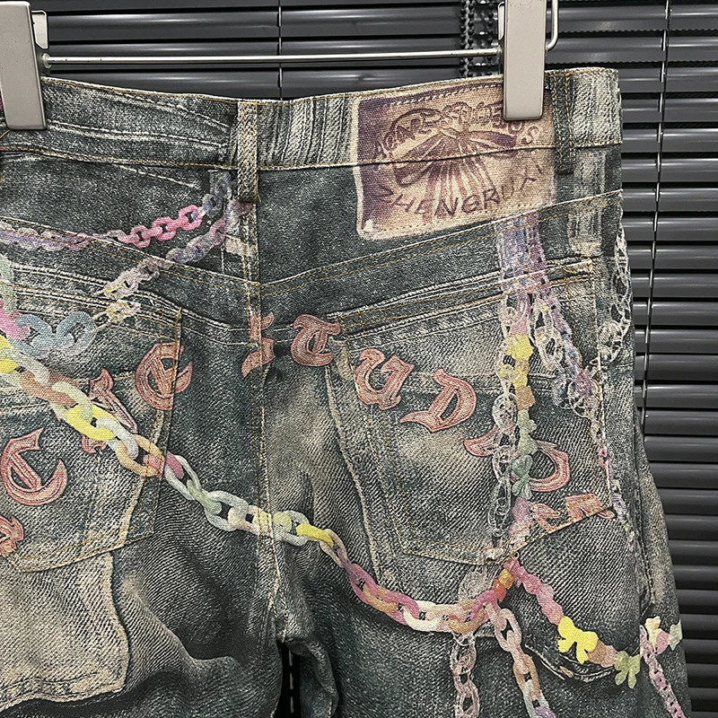 DEAT Fashion Womens 3D Chain Printed Contrast Color Jeans Niche High Waist Casual Denim Pants Female Trendy 11A04071 251023