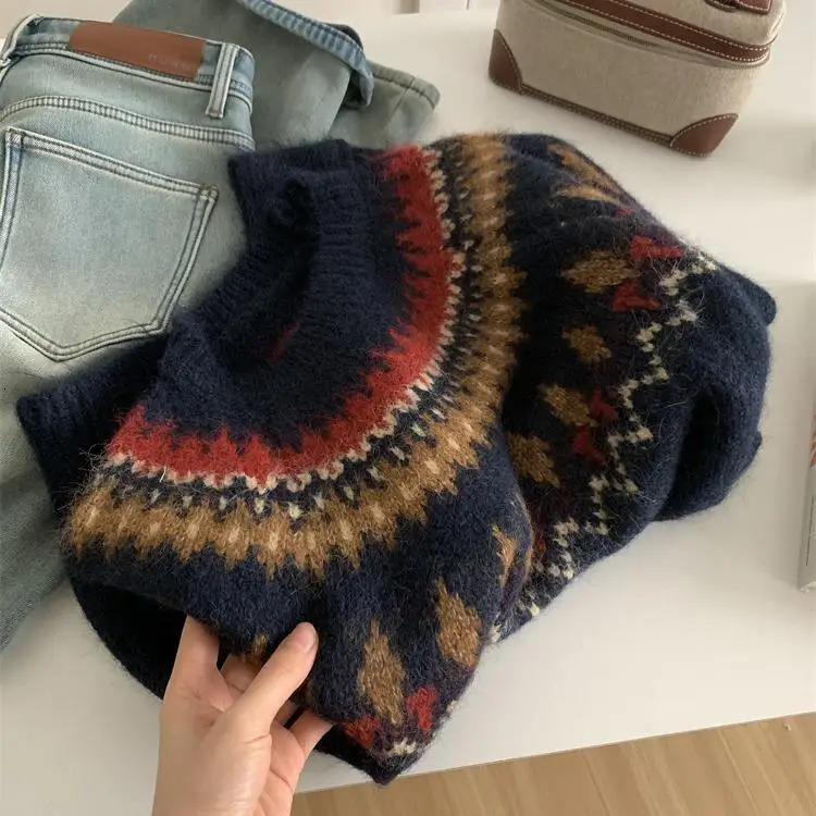 Contrasting Jacquard For Women Loose Casual Thick And Warm 24autumnwinter Wool Knit Sweater 251023