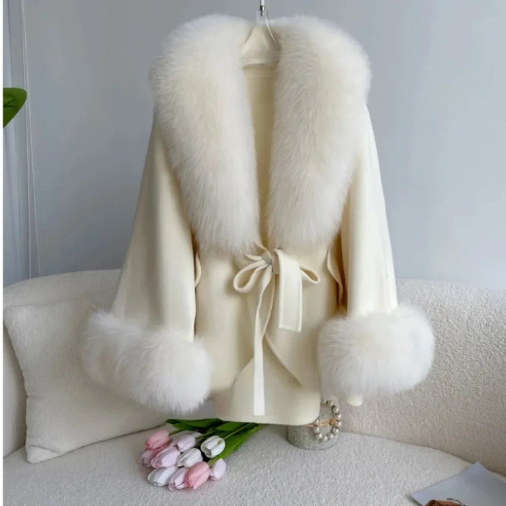 2024 Real Fur Coat Winter Autumn Women Woolen Jacket Big Detachable Collar Loose Cashmere Blends Fashion Cloak 251014