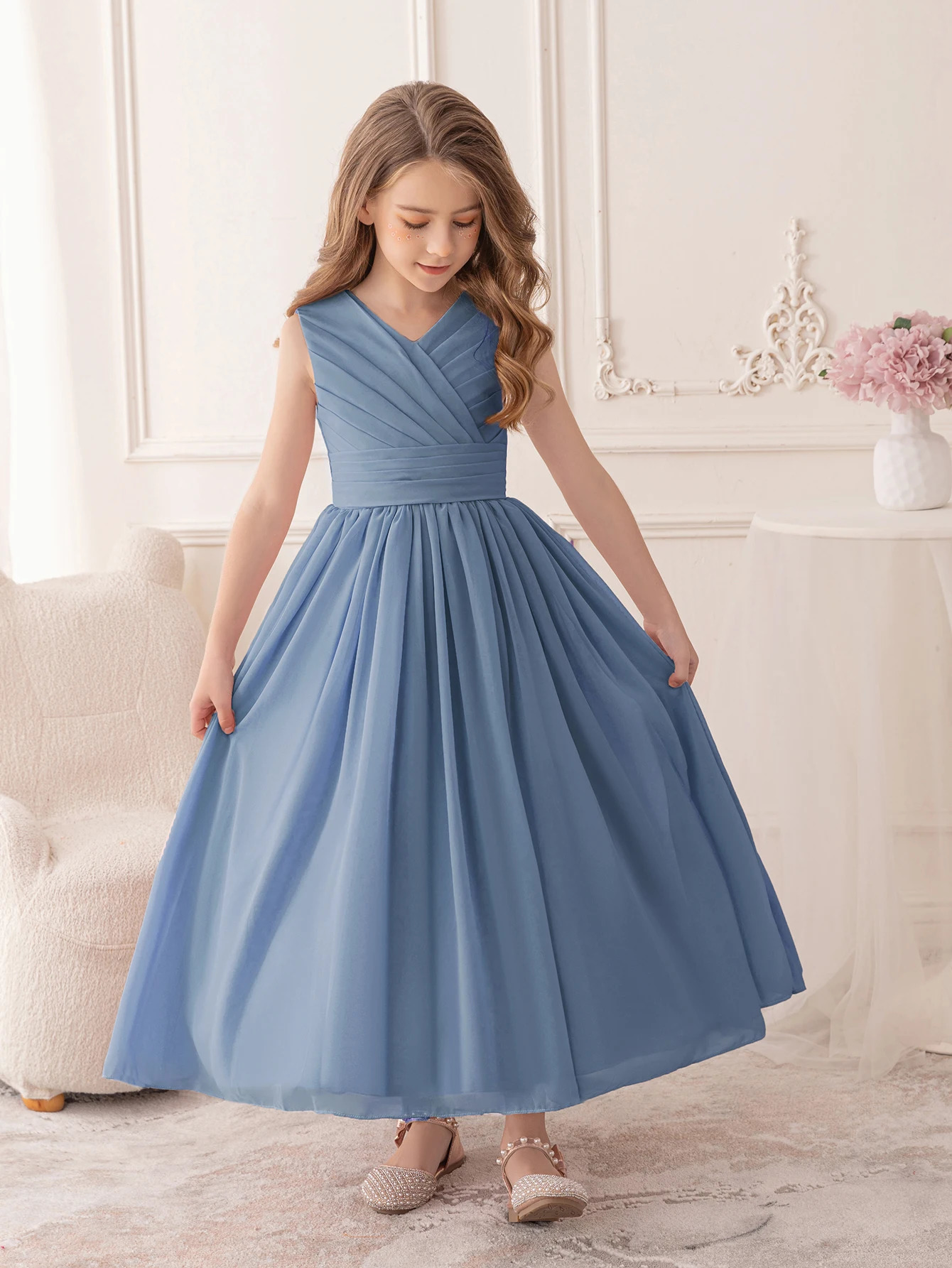 Teenage Gray blue Chiffon Evening Gown Suitable for Childrens Wedding Ceremonies Girl Princess Dress 251023