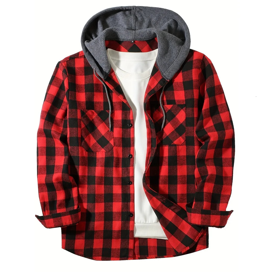 Mens Shirts Classic Plaid Casual Button Down Hooded Long Sleeved Double Pockets Shirt Hoodie Flannel Jacket Spring Autumn Tops 251023