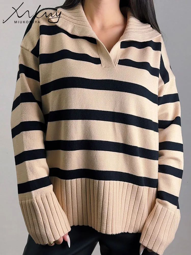 MiuKoMiYa Autumn Striped Sweater Women Loose Polo Knit Pullover Warm Long Sleeves Tops Khaki Knitted Jumpers Women Oversized 251023