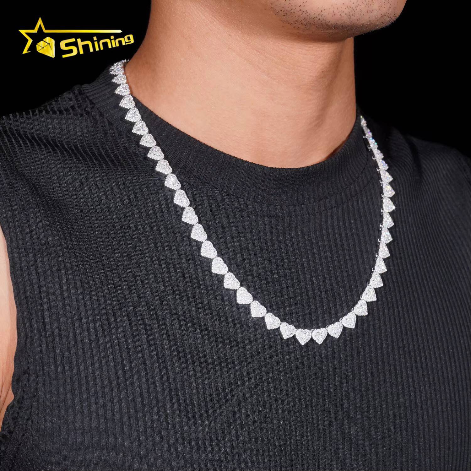 Hot Selling 8mm Width Heart Shape Iced Out VVS Moissanite Chain Cuban Link Hip Hop 925 Silver Men Moissanite Necklace