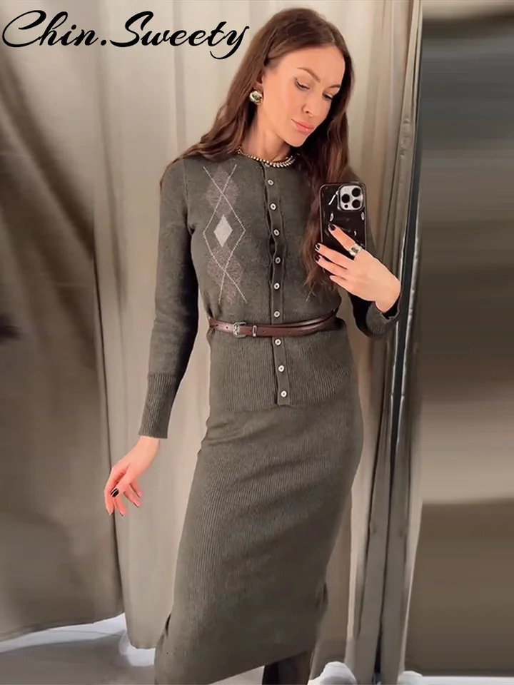 Elegant Knit Cardigan Skirt Women Set Fashion Print Long Sleeve Button Sweater Split Skirts Autumn Winter Lady Outfit 251020