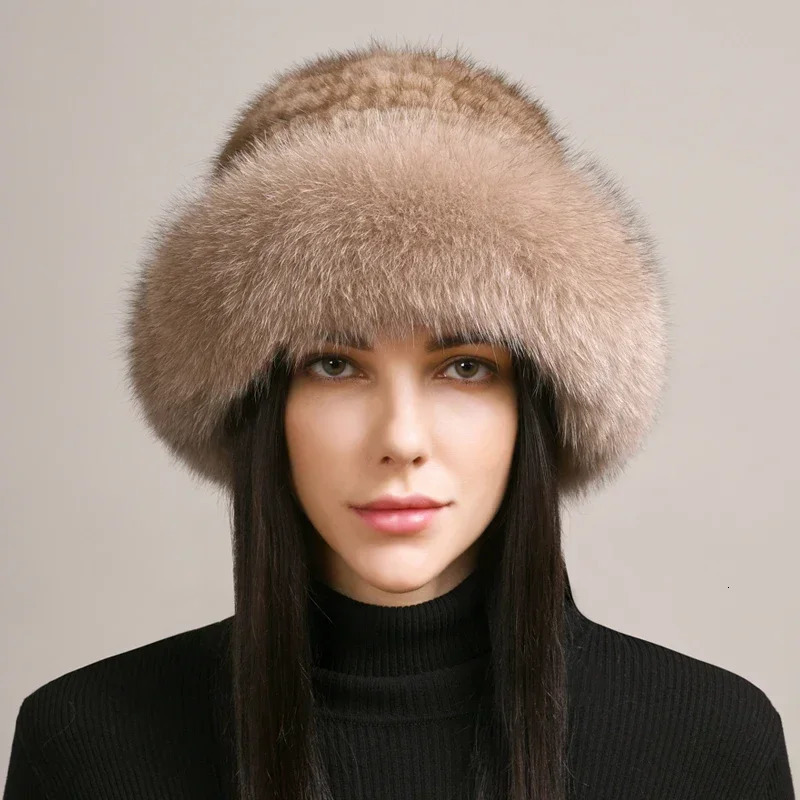 Genuine Real Natural Knitted Mink Fur Hat Cap Women Handmade Knit Fashion Winter Headwear Warm Real Fox Fur Beanies 251024