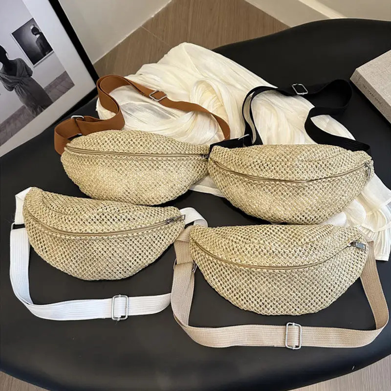 Half Moon Straw Woven Waist Bag Bohemian Vacation Beach Antitheft Woven Handbag Large Capacity Adjustable Chest Bag 251023