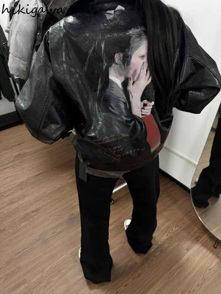 Harajuku PU Women Jackets Autumn Winter Clothes Print Vintage Outwear Streetwear BF Casual Fashion Y2k Tops Korean Leather Coats 251020