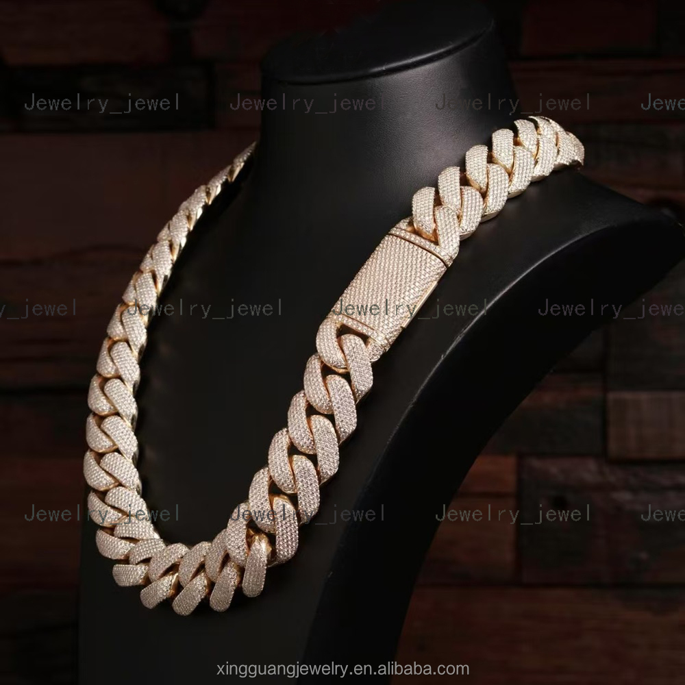 Custom Heavy Weight 25mm 5rows Iced Out 5rows Cuban Link Chains Gold Plated 925 Silver Pass Diamond test VVS Moissanite Chains