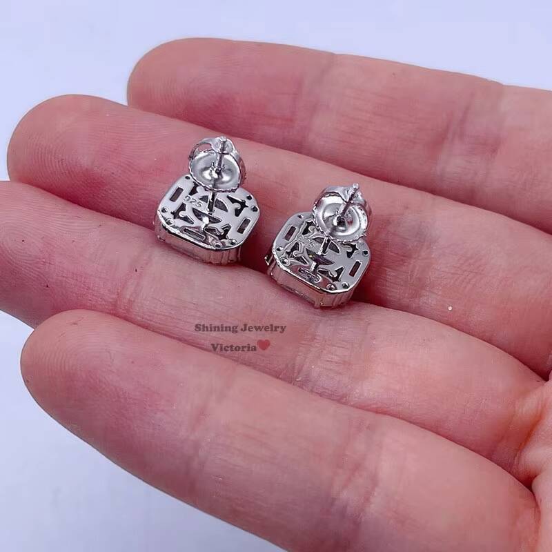 13mm Solid Silver 925 Vvs Moissanite Screw Back Stud baguette Diamond Earrings