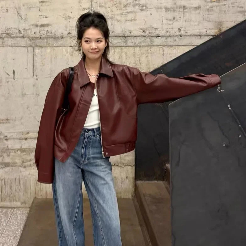Womens Casual Red Leather Jacket Short Autumn Winter Outerwear Polyester Fiber Full Sleeve Sensual Fashion Coat 251015