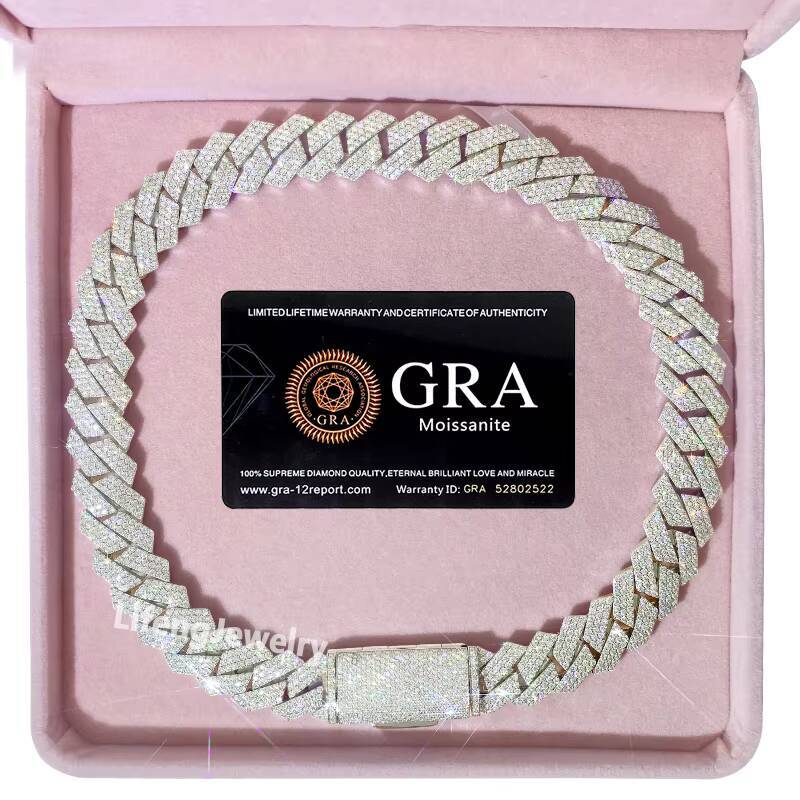 Lifeng Jewelry 18mm 19inch Full Iced Out Moissanite Cuban Chain 925 Sterling Silver Cuban Link Chain Necklace Men