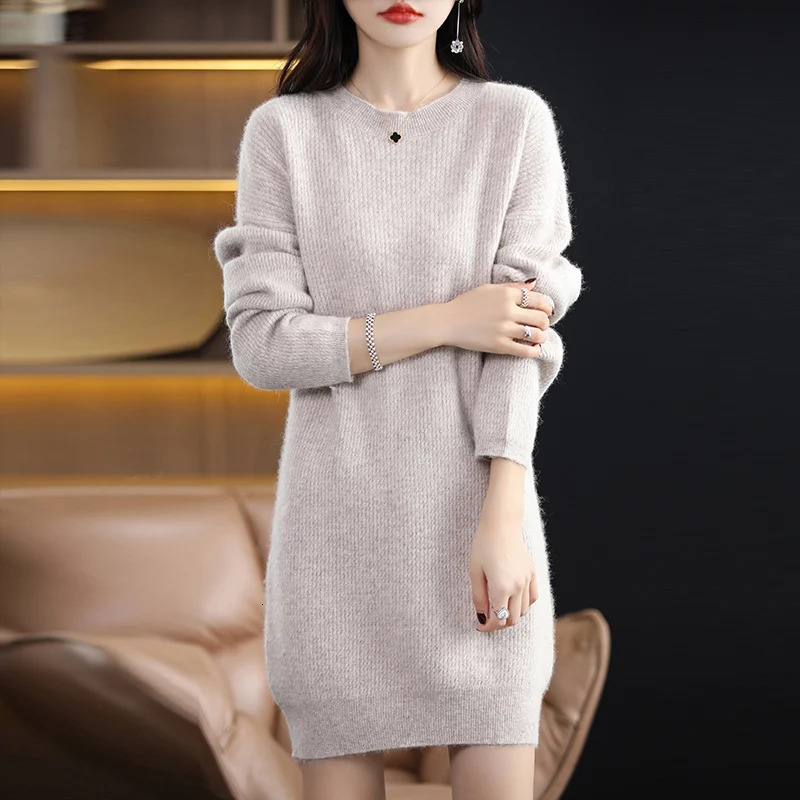 Autumn Winter Round Neck Mink Cashmere Dress Womens Fashion Loose Slim Long Sleeve Pullover Long Skirt Korean Version 251023