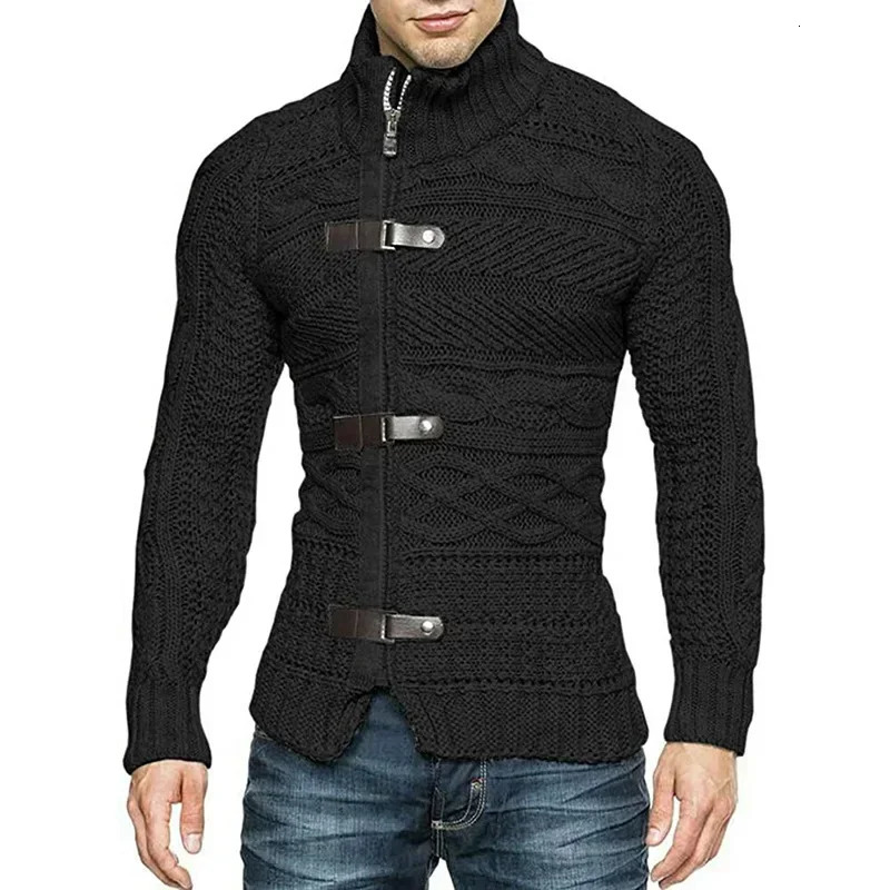 Men Sweaters Autumn Winter High Neck Sweater Mens Leather Buckle Long Sleeve Knitted Cardigan Coat Large Size Men Clothing 251020