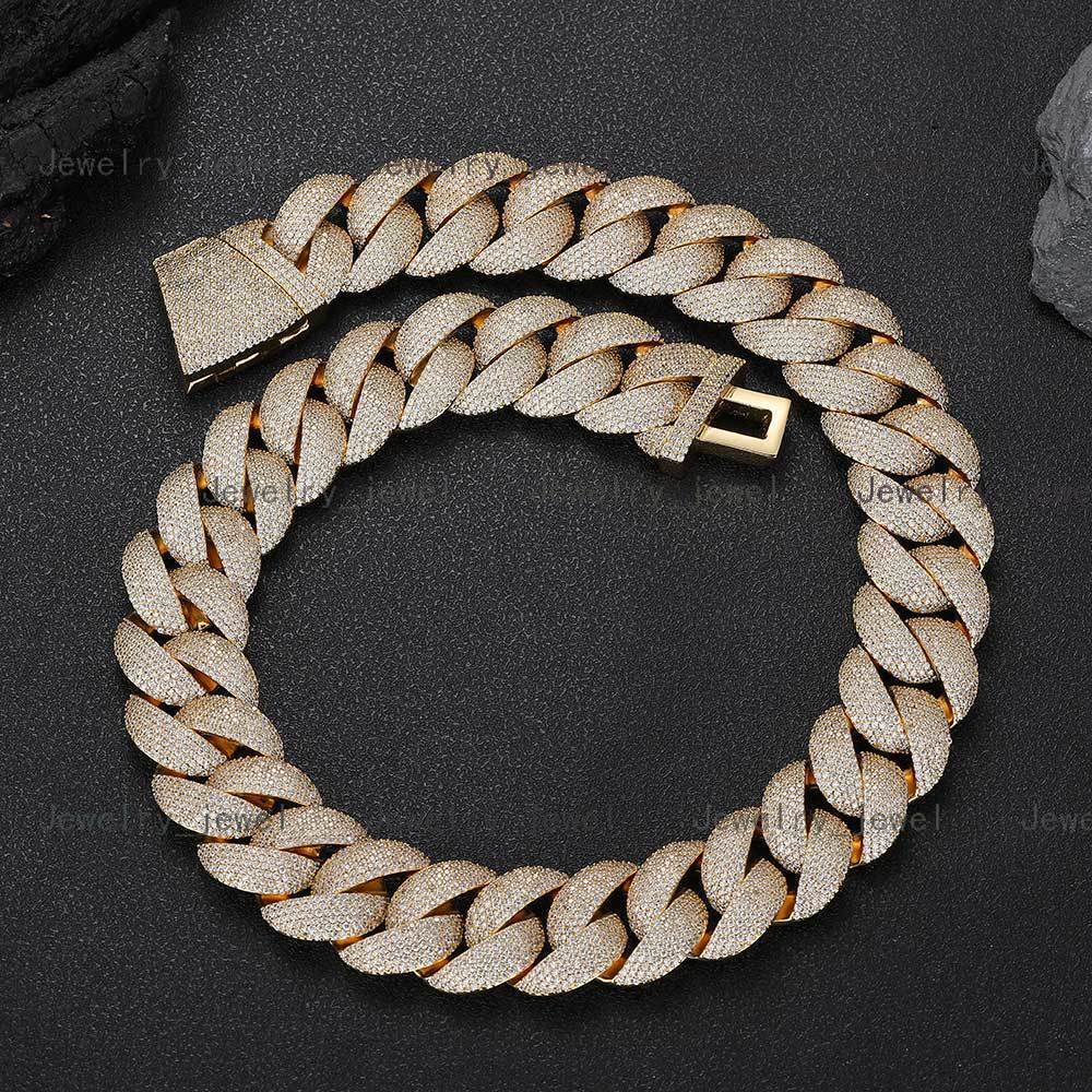 New Arrival Mens Cuban Link Chain Necklace Bracelet Large Prong 22mm Width Moissanite VVS necklace Geometric Shape Real Gold Plated Hiphop