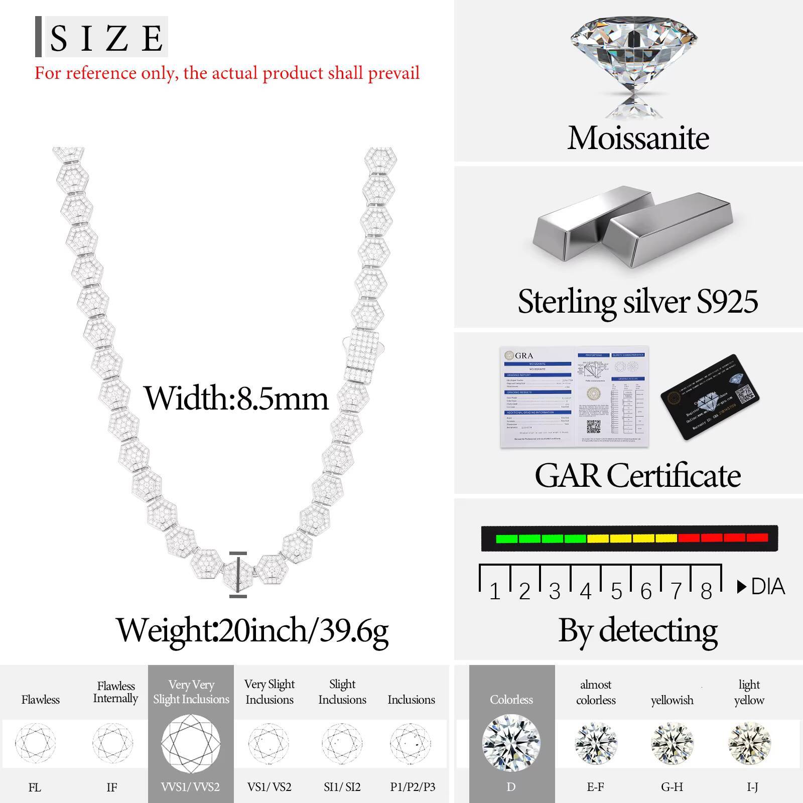 Jewelry Wholesale Mens Geometric Necklace 85mm 925 Sterling Silver VVS Moissanite Diamond Iced Out Hexagon Link Chain