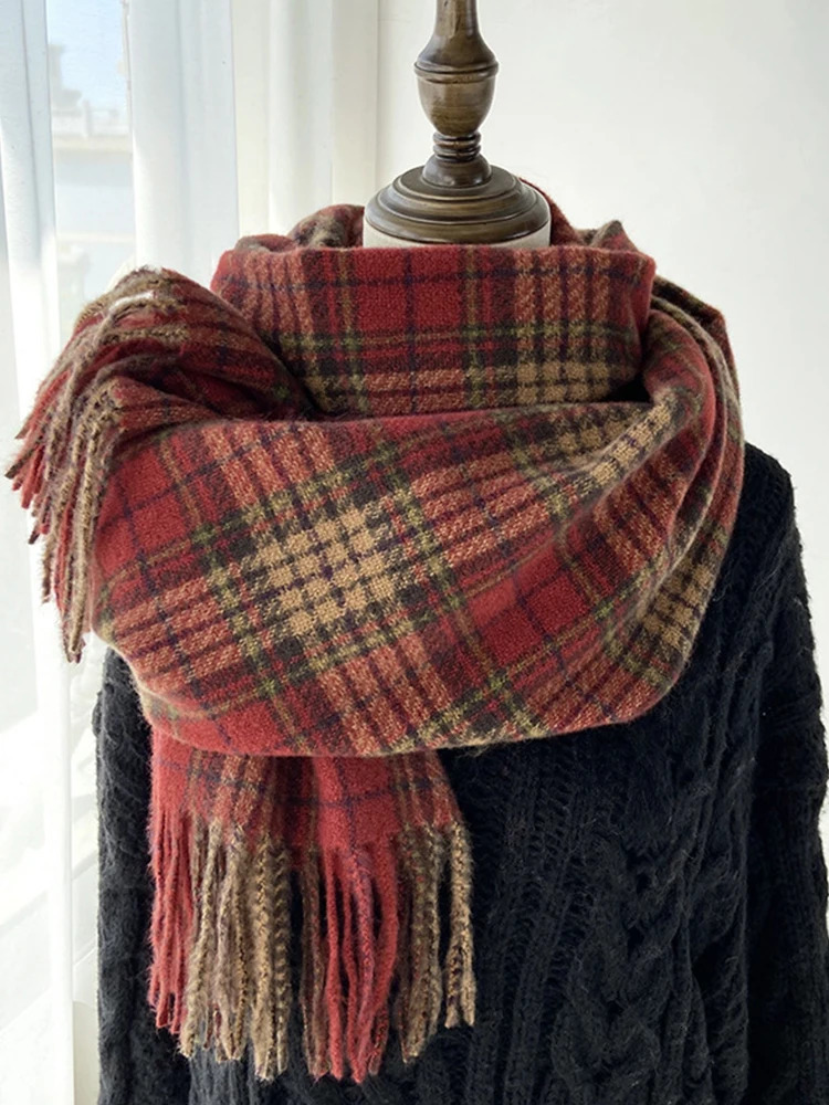 Winter Women Knitted Scarf Headscarf Lady Men Casual Red Green Plaid Tassel Scarve Mujer Male Foulard Wrap Shawl Christmas 251024