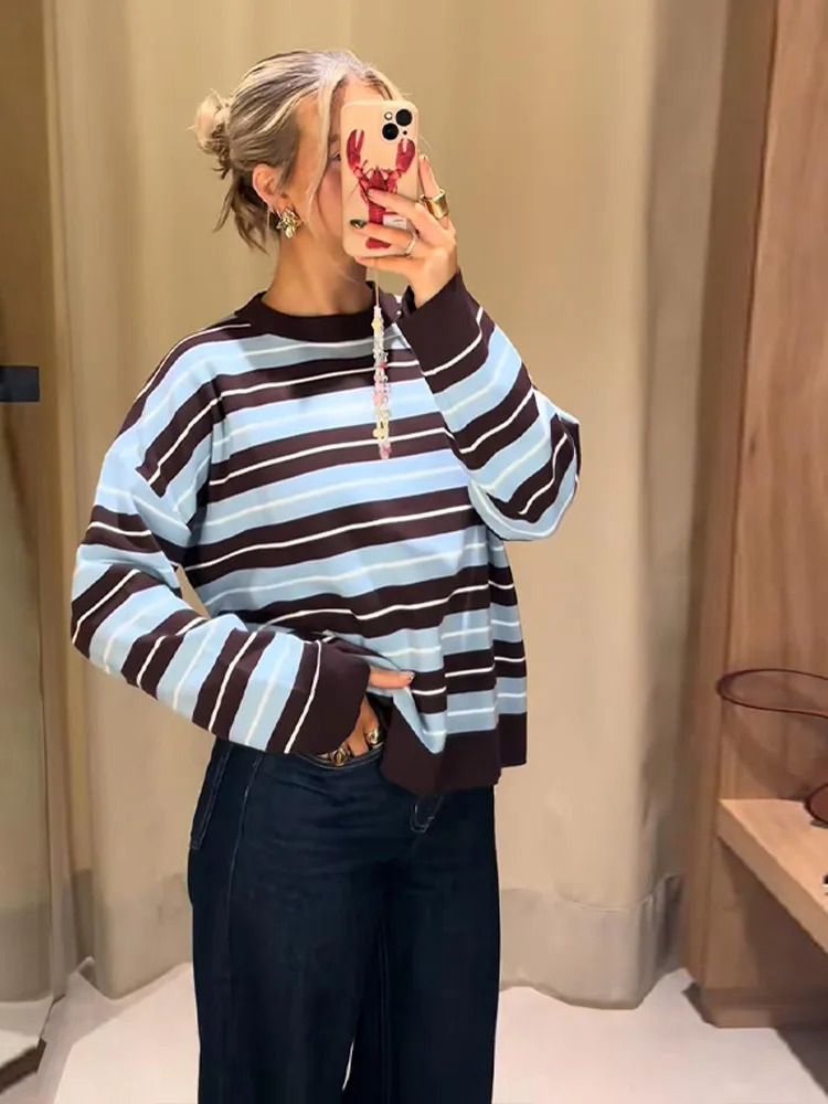 Womens Striped Crew Neck Knitted Sweater Oneck Full Sleeve Blue Brown White Top 2025 Autumn Female Casual Comfortable Pullover 251023