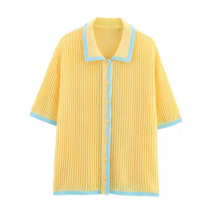 Women's Sweaters Women Lapel Slim Tops Ladies Buttons Stripe Sexy V Neck Short Sleeve POLO Neck Knit Cardigan Sweater Women 231009