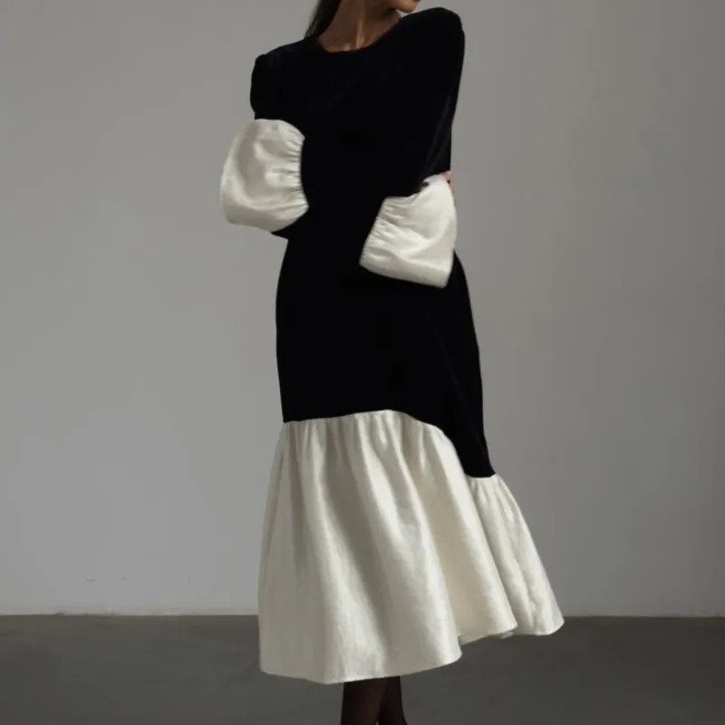 Fashion Oneck Patchwork Loose Mermaid Dress Womens 2025 Autumn Spring Solid Flare Sleeve Temperament Dresses Female Streetwear 251023