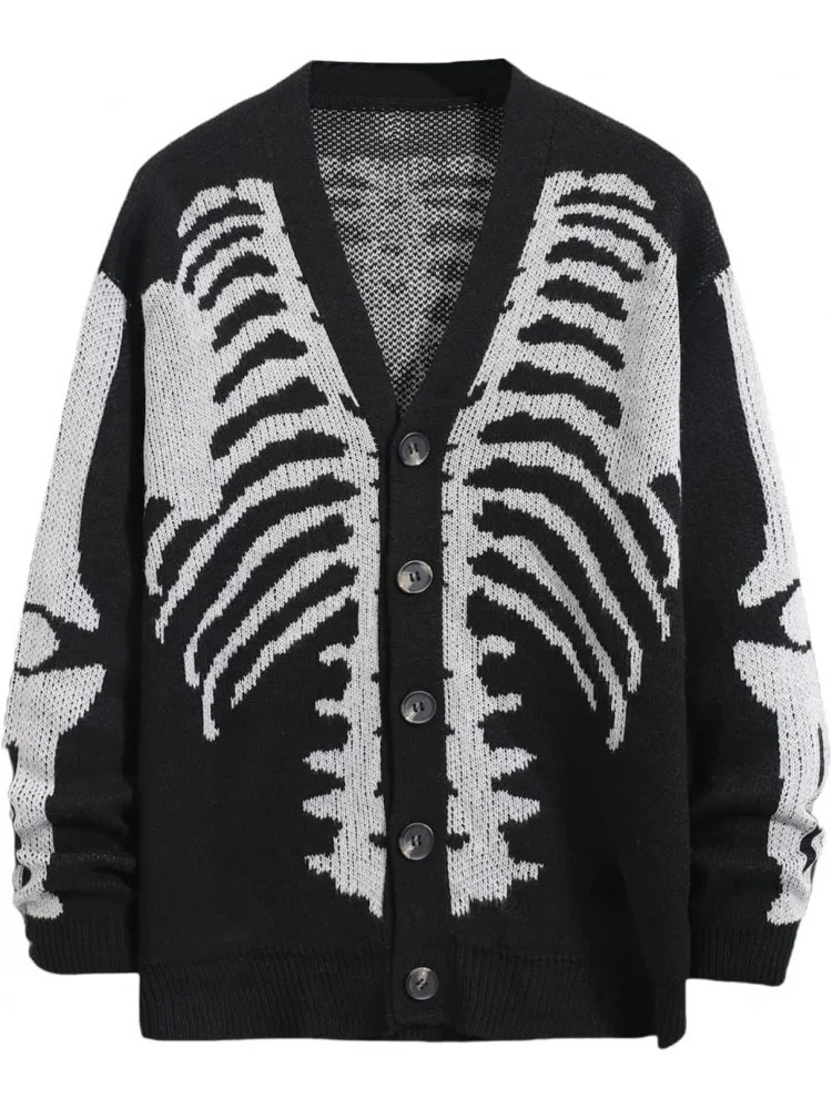 Mens Skeleton Pattern Cardigan Sweaters Gothic Long Sleeve Unisex Outwear Knitted Coats 251020
