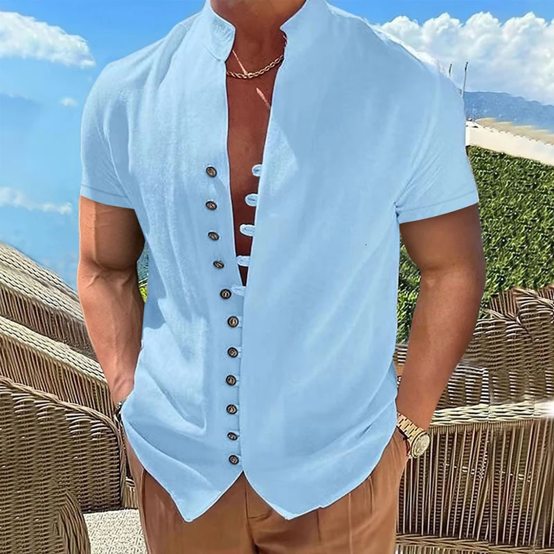Summer Short Sleeve Shirts For Men White Formal Shirt Social Dress Shirts Casual Cotton Linen Tops Beach Blouses Man Clothing 251023