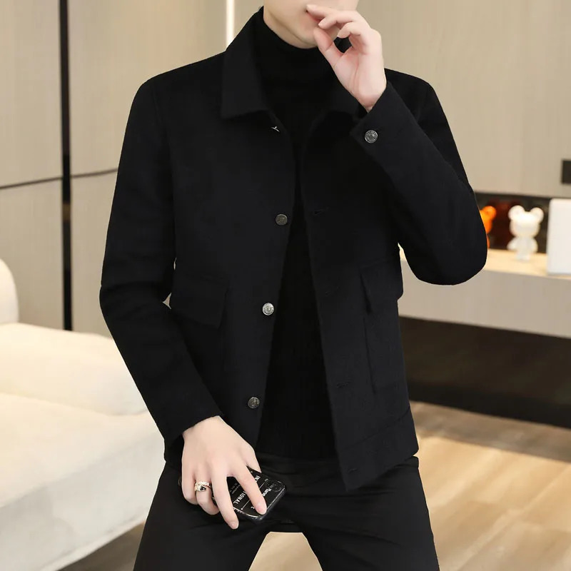Mens Handstitched Singlebreasted Lapel Wool Coat Autumn Winter Short Doublesided Fashion Handsome 2024 251017