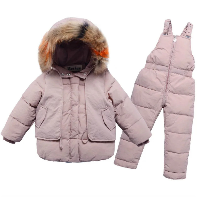 Winter 2 3 4 6 8 Years Fur Hooded JacketOveralls Suit 2Pcs Duck Down Children Clothing Set for Baby Kids Girls Boys 251023