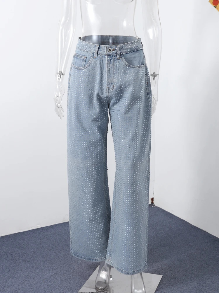 Y2k Women Shiny Rhinestone Denim Pants Wide Leg Straight Full Diamond Jeans for Female Dragging High Street Outwear Trousers 251023