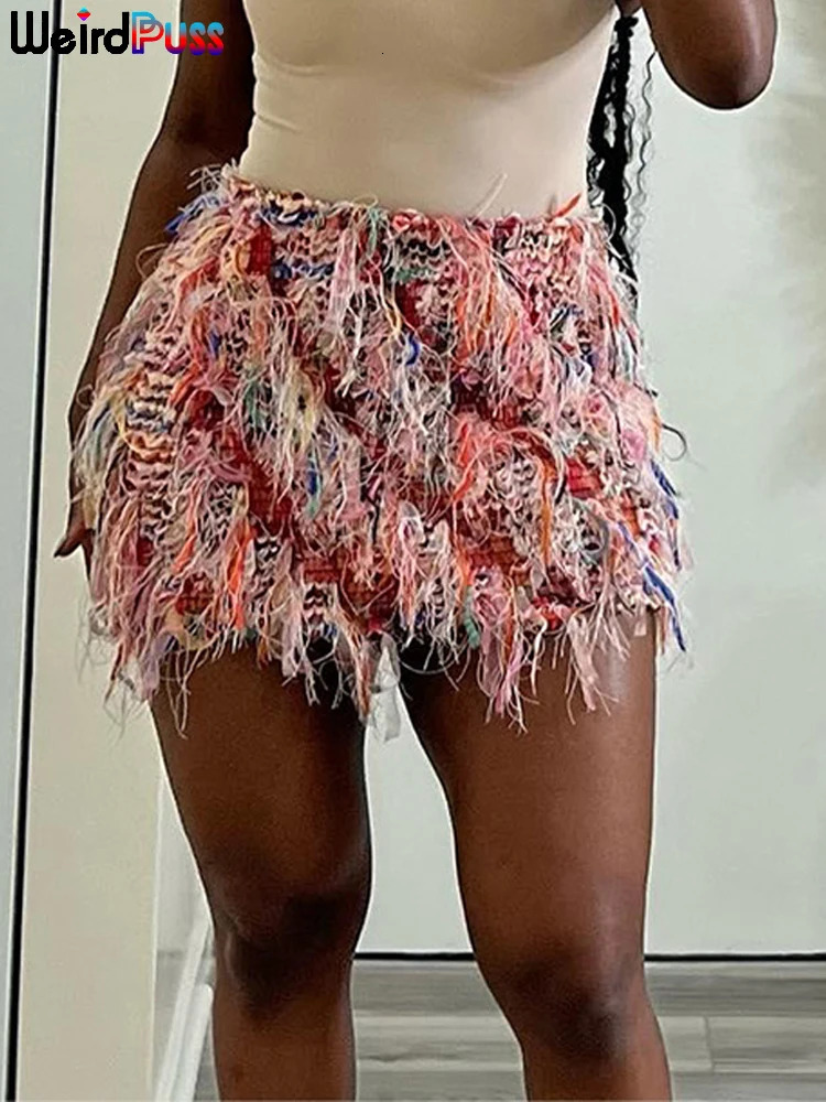 Weird Puss Colorful Tassel Skirts Peach Hip Women Thin Knit Wild Sexy Midnight Summer Trend Stretch Skinny Streetwear Bodycon 251020