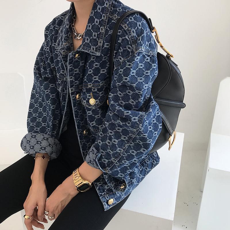 Women's All-Over Printed Jacquard Denim Jacket 2026 New Korean-Style Loose Fit Long-Sleeve Spring & Autumn Casual Coat