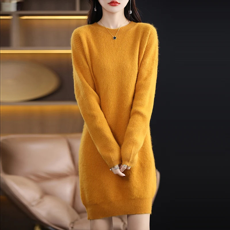 Autumn Winter Round Neck Mink Cashmere Dress Womens Fashion Loose Slim Long Sleeve Pullover Long Skirt Korean Version 251023