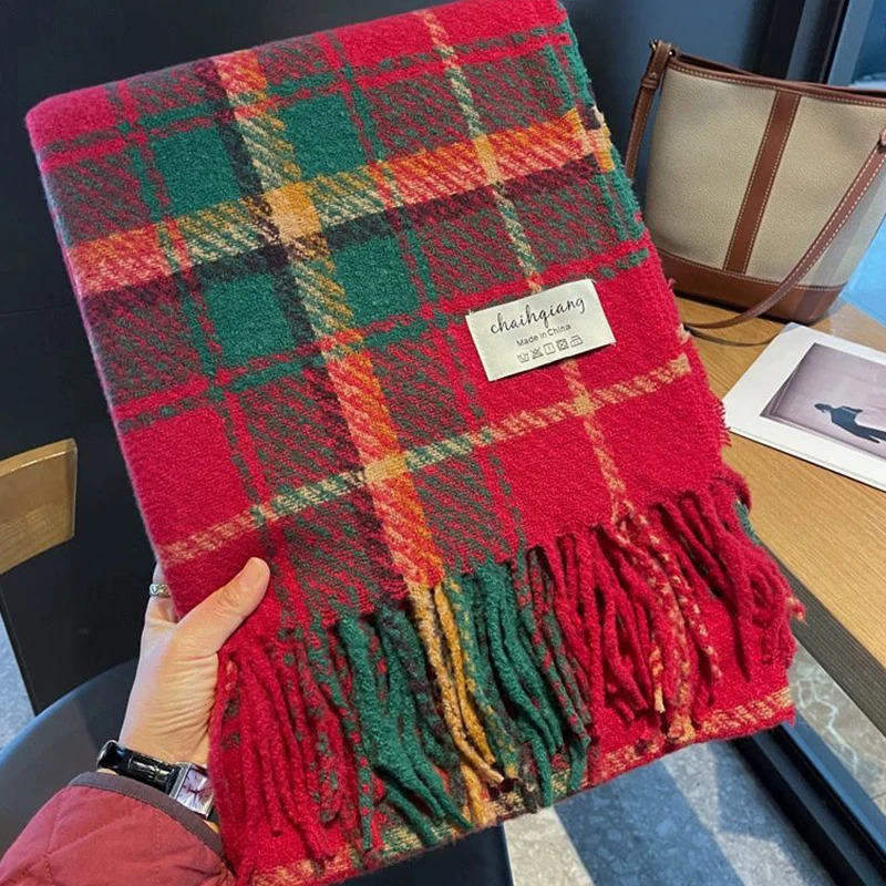 Women Winter Red Plaid Christams Scarf Cashmere Warm Pashmina Scarves Blanket Wraps Female Thick Soft Tassel Shawl Long Poncho 251024