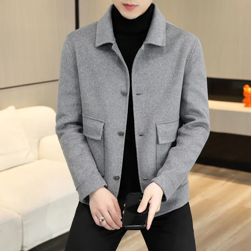 Mens Handstitched Singlebreasted Lapel Wool Coat Autumn Winter Short Doublesided Fashion Handsome 2024 251017