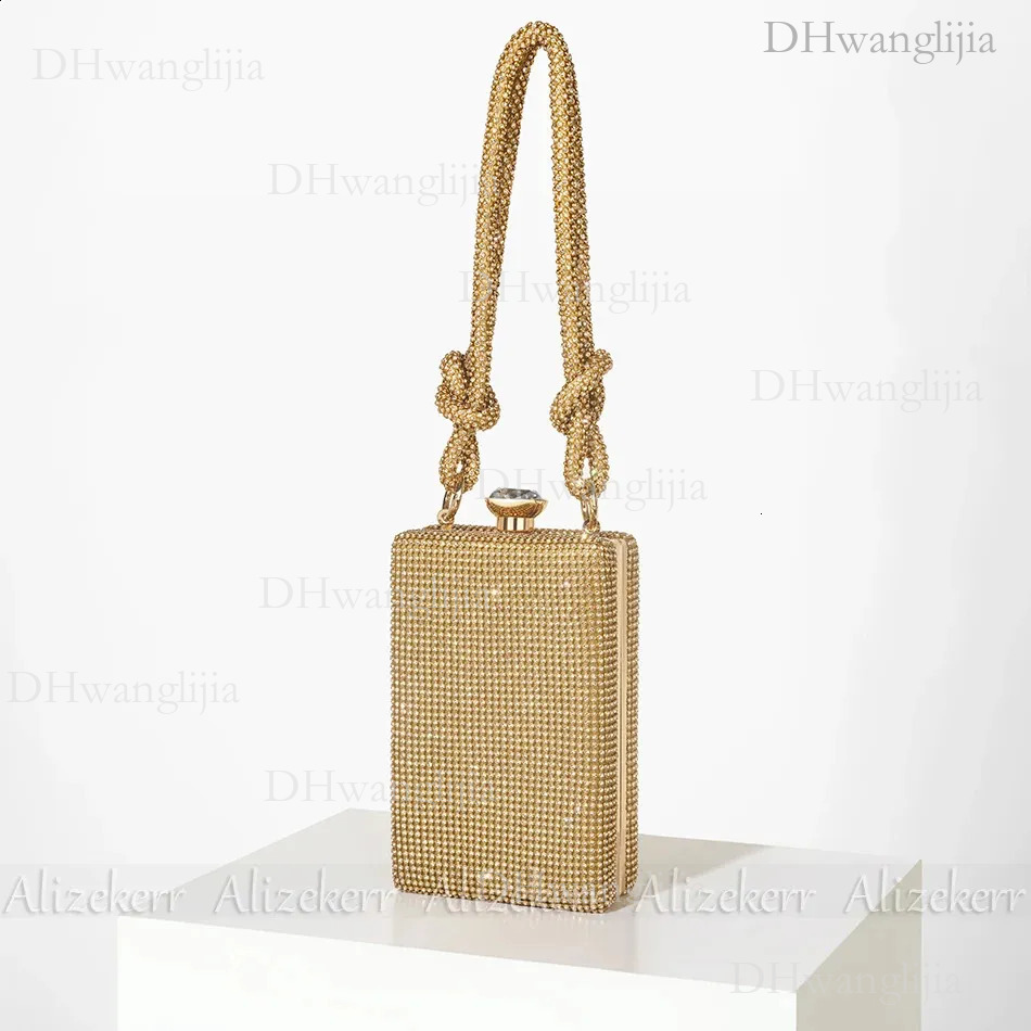 DHGM Dia Box Evening Gold Clutch Purses Women Gorgeous Boutique Knotted Rhie Rope Handle Small Square Handbag Wedding Party 240903 f1ac