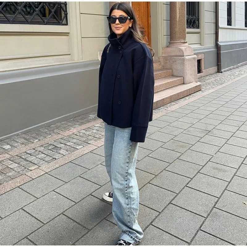 Women Fashion Stand Collar Woolen Jacket Single Breasted Long Sleeve Female Coat 2025 Autumn Chic Street Office Short Outerwears 251017