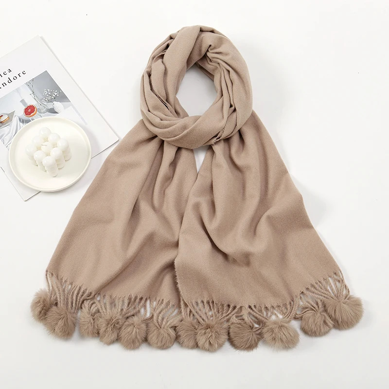 Women Warm Scarf With Rabbit Fur Ball Pashmina Thick Scarves Shawls Winter Cashmere Pompom Scarf Ladies Oversize Blanket Wrap 251024