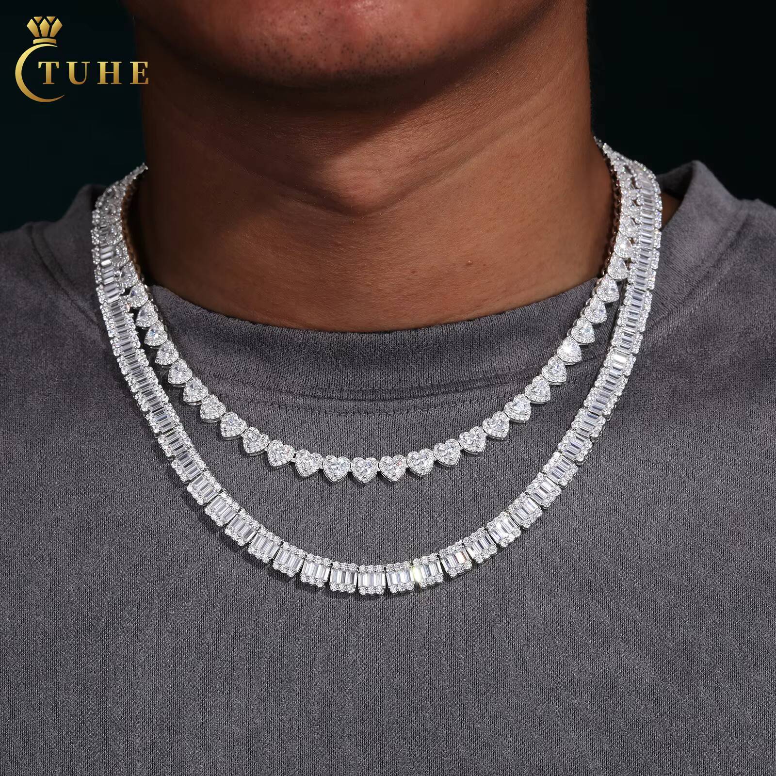 Luxury 8mm 925 Sterling Silver Emerald Cut VVS Baguette Moissanite Diamond Iced Out Cube Tennis Chain Necklace for Men