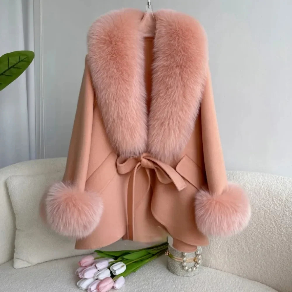 2024 Real Fur Coat Winter Autumn Women Woolen Jacket Big Detachable Collar Loose Cashmere Blends Fashion Cloak 251014