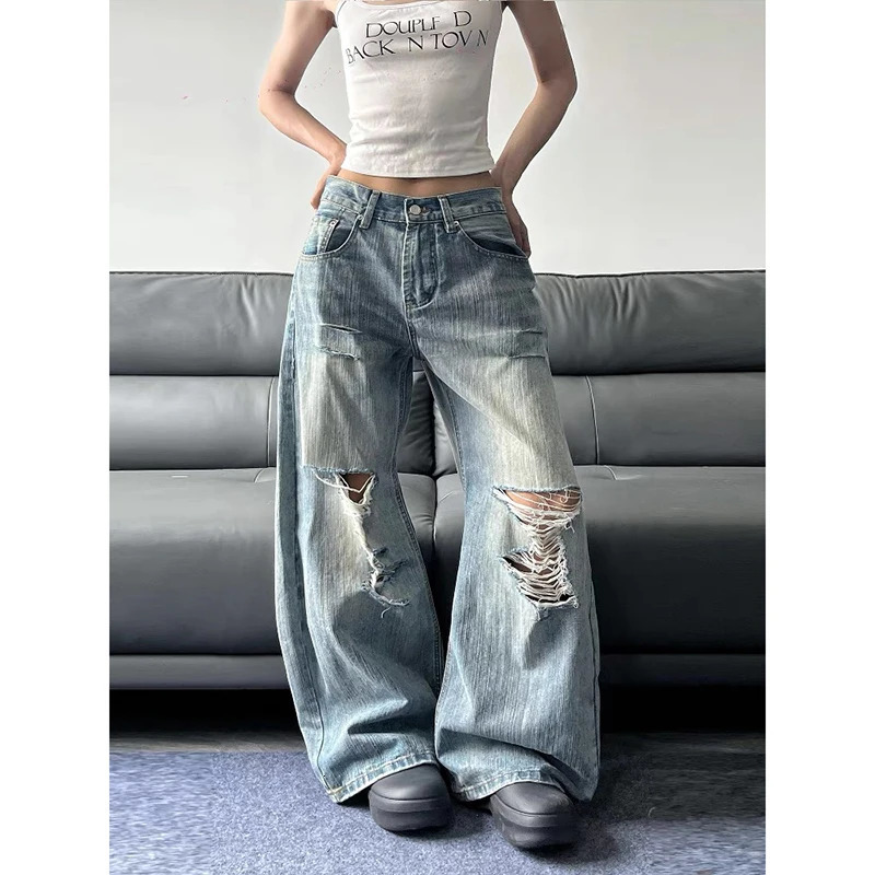 2025 Summer High Waist Ripped Womens Blue Jeans American Vintage Streetwear Y2K Wide Leg Jean 2000s Trouser Baggy Denim Pants 251023