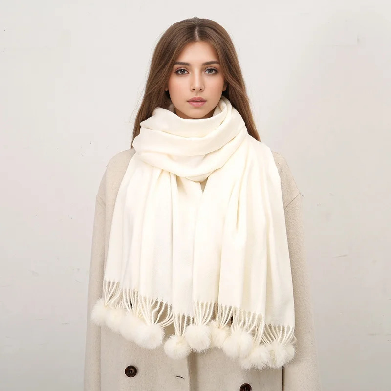 Women Warm Scarf With Rabbit Fur Ball Pashmina Thick Scarves Shawls Winter Cashmere Pompom Scarf Ladies Oversize Blanket Wrap 251024